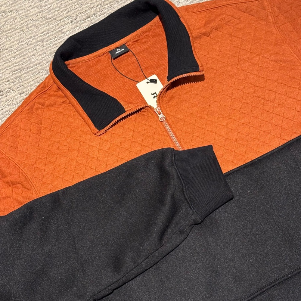 JMIERR Mens Quilted Quarter Zip Pullover Colorblock Sweatshirt Orange Black 2XL
